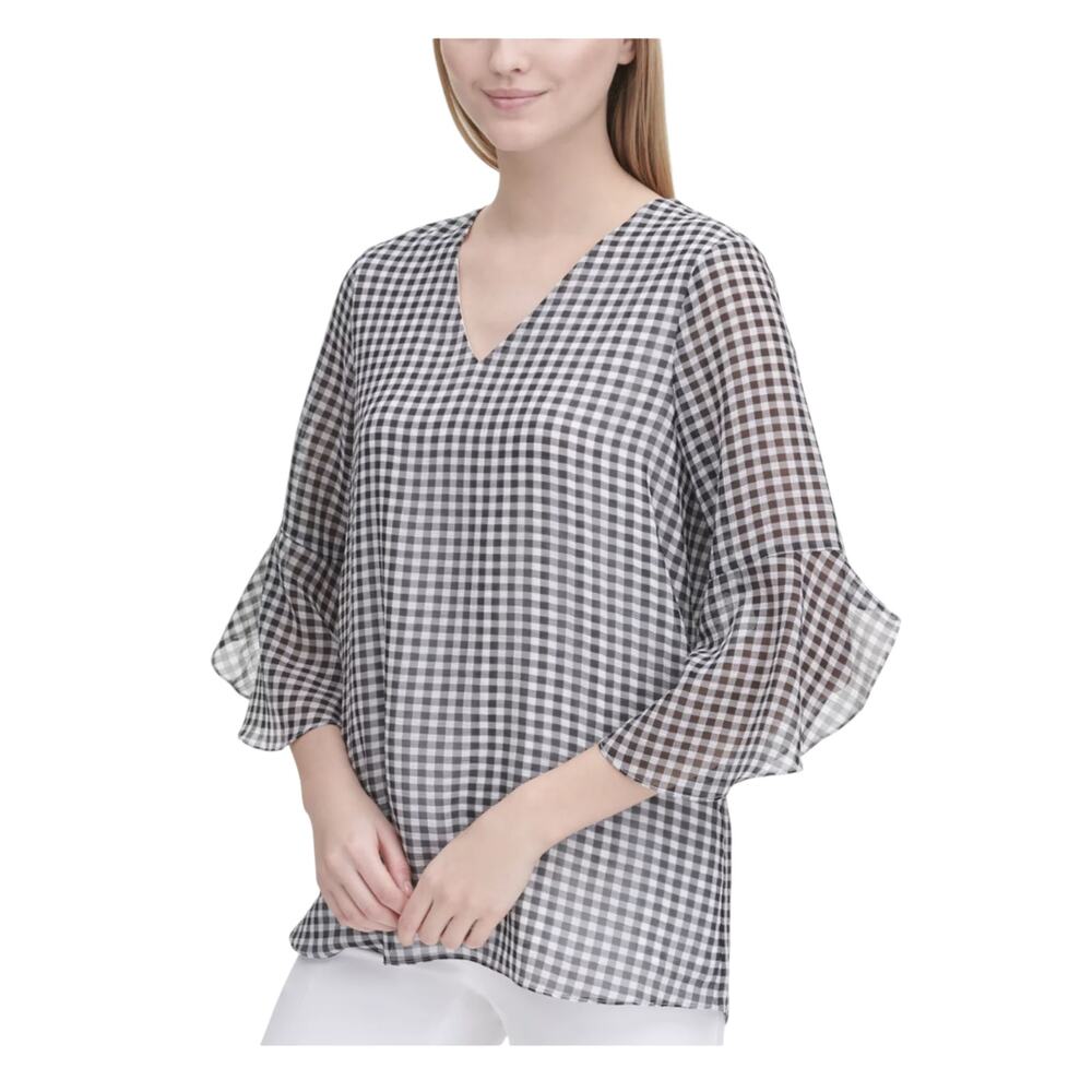 Calvin Klein Black White Gingham Check Chiffon Flare Ruffle Career Blouse Top S